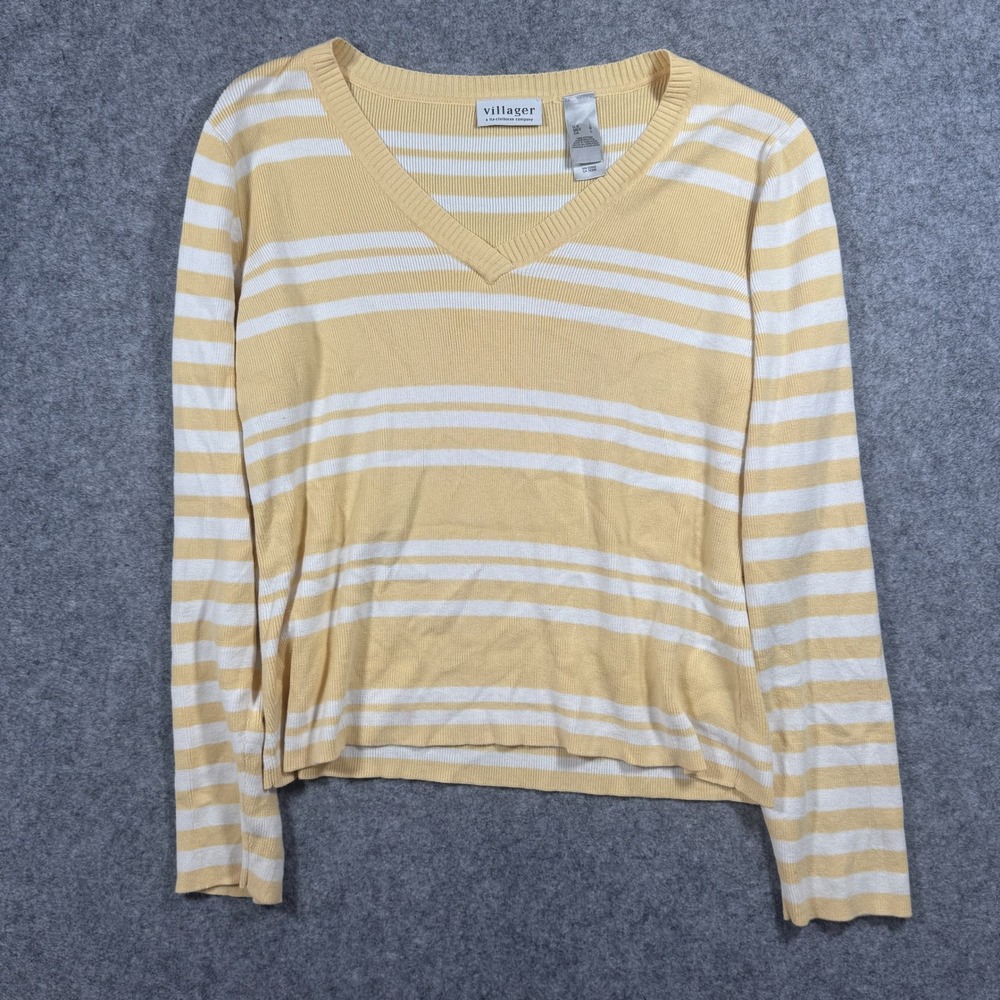 Villager Liz Claiborne V-Neck Sweater Large Yellow White Striped Cotton Knit